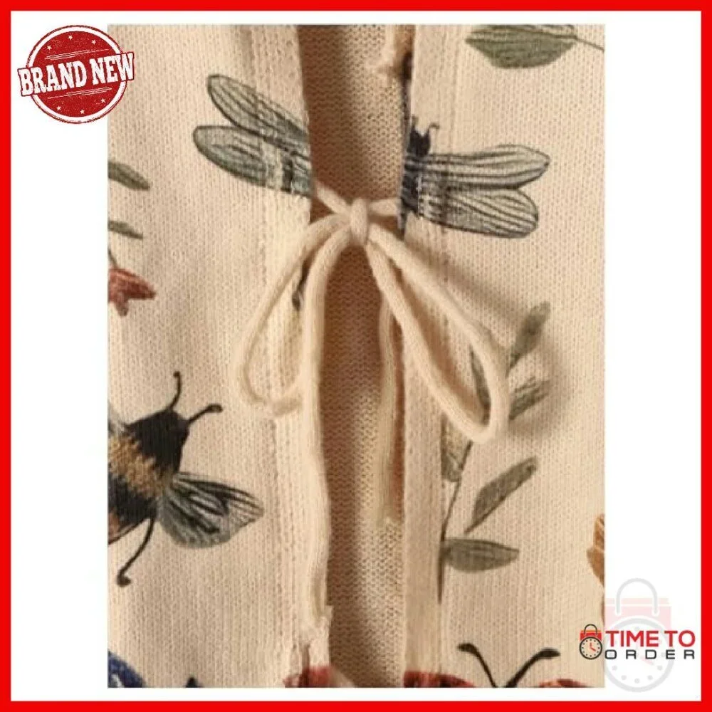 Plus Size Chunky Knit Bow Cardigan Sweater Tie Front Floral Open Front